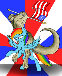 Size: 1000x1223 | Tagged: safe, artist:slamjam, derpibooru import, rainbow dash, dinosaur, pegasus, pony, tyrannosaurus rex, american flag, army helmet, flag waving, helmet, united states