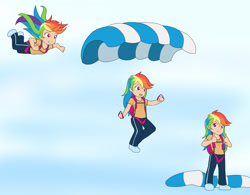 Size: 1280x998 | Tagged: safe, artist:jonfawkes, derpibooru import, rainbow dash, human, air ponyville, chibi, clothes, commission, cute, dashabetes, humanized, looking at you, pants, parachute, skydiving, solo, thumbs up