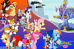 Size: 1800x1200 | Tagged: safe, artist:trungtranhaitrung, derpibooru import, angel bunny, applejack, fluttershy, pinkie pie, rainbow dash, rarity, sunset shimmer, twilight sparkle, twilight sparkle (alicorn), alicorn, earth pony, pegasus, pony, unicorn, amy rose, anniversary, chao, cream the rabbit, crossover, egg carrier, hasbro, japanese, knuckles the echidna, logo, mane six, miles "tails" prower, rouge the bat, sega, shadow the hedgehog, sonic team, sonic the hedgehog, sonic the hedgehog (series), twilight's castle