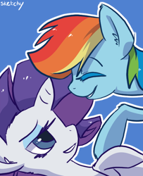 Size: 512x629 | Tagged: safe, artist:lizzyoli-ravioli, derpibooru import, rainbow dash, rarity, pegasus, pony, unicorn, bedroom eyes, blue background, ear fluff, eyes closed, female, lesbian, raridash, shipping, simple background, smiling