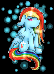 Size: 1024x1410 | Tagged: safe, artist:skashigame, derpibooru import, rainbow dash, pegasus, pony, abstract background, looking at you, piercing, profile, raised hoof, sitting, solo, tongue out