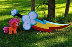 Size: 1024x680 | Tagged: safe, artist:tadstone, rainbow dash, scootaloo, irl, photo, plushie, sword