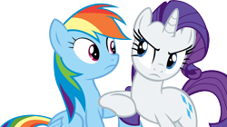 Size: 15008x8384 | Tagged: safe, artist:cyanlightning, derpibooru import, rainbow dash, rarity, pegasus, pony, unicorn, scare master, absurd resolution, rarity is not amused, simple background, transparent background, unamused, vector