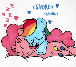 Size: 1280x1139 | Tagged: safe, artist:autisticponies, derpibooru import, pinkie pie, rainbow dash, earth pony, pegasus, pony, cuddling, cute, hug, pony pillow, sleeping, snoring, snuggling, zzz