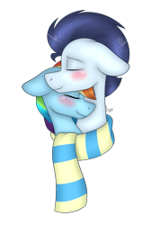 Size: 1097x1537 | Tagged: safe, artist:annieblue001, derpibooru import, rainbow dash, soarin', pegasus, pony, clothes, male, scarf, shared clothing, shared scarf, shipping, simple background, soarindash, straight, transparent background