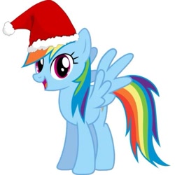 Size: 597x597 | Tagged: safe, derpibooru import, edit, rainbow dash, pegasus, pony, female, hat, hooves, mare, open mouth, santa hat, simple background, smiling, solo, spread wings, vector, white background, wings