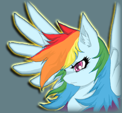 Size: 600x555 | Tagged: artist needed, safe, rainbow dash, pegasus, pony, bust, female, glow, gray background, mare, portrait, profile, simple background, solo