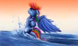 Size: 1800x1080 | Tagged: safe, artist:nettrip, rainbow dash, pegasus, pony, anatomically incorrect, incorrect leg anatomy, solo, water, wet mane