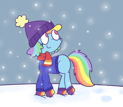 Size: 1418x1230 | Tagged: safe, artist:typhwosion, derpibooru import, rainbow dash, pegasus, pony, clothes, looking up, scarf, snow, snowfall, socks, solo, sweater, toque