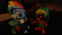 Size: 1280x720 | Tagged: safe, derpibooru import, rainbow dash, zapp, power ponies (episode), chibi, deku link, figurine, flower, irl, link, photo, photography, power ponies, the legend of zelda, toy