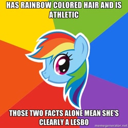 Size: 600x600 | Tagged: safe, rainbow dash, pegasus, pony, advice meme, drama, drama bait, exploitable meme, female, image macro, lesbian, mare, meme, op is a cuck, op is trying to start shit, solo, stereotype