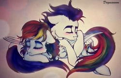 Size: 775x500 | Tagged: safe, artist:dagnesmoon, derpibooru import, rainbow dash, soarin', pegasus, pony, cuddling, male, pony pillow, shipping, sleeping, snuggling, soarindash, straight