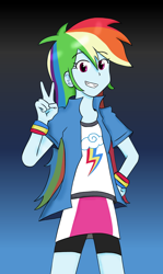 Size: 772x1296 | Tagged: safe, artist:epsilon-chedi, derpibooru import, rainbow dash, equestria girls, clothes, compression shorts, cute, gradient background, looking at you, peace sign, smiling, solo, wristband