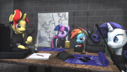 Size: 1920x1080 | Tagged: safe, artist:fd-daylight, derpibooru import, rainbow dash, rarity, sunset shimmer, twilight sparkle, twilight sparkle (alicorn), alicorn, pegasus, pony, unicorn, 3d, clothes, crossover, gta v, gun, map, open mouth, rockstar games, source filmmaker, weapon