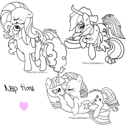 Size: 900x900 | Tagged: safe, artist:thepurplecranberry, derpibooru import, applejack, fluttershy, pinkie pie, rainbow dash, rarity, twilight sparkle, earth pony, pegasus, pony, unicorn, appledash, blushing, female, flutterpie, heart, lesbian, monochrome, rarilight, shipping