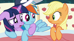 Size: 640x360 | Tagged: safe, derpibooru import, edit, edited screencap, screencap, applejack, rainbow dash, twilight sparkle, earth pony, pegasus, pony, 28 pranks later, applejack's bed partner, bed, exploitable meme, female, lesbian, meme, scrunchy face, shipping, twidash