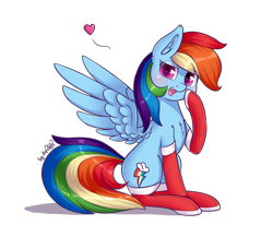 Size: 2116x1840 | Tagged: safe, alternate version, artist:dsp2003, rainbow dash, pegasus, pony, 2017, blushing, clothes, cute, female, heart, looking at you, makeup, mare, open mouth, simple background, stockings, thigh highs, transparent background