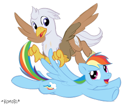 Size: 800x665 | Tagged: safe, artist:chaoskomori, artist:wolfn85, derpibooru import, rainbow dash, oc, oc:silver quill, classical hippogriff, hippogriff, pegasus, pony, colored, flying, simple background, transparent background