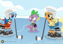 Size: 2831x1973 | Tagged: safe, artist:shutterflyeqd, derpibooru import, applejack, rainbow dash, spike, dragon, earth pony, pegasus, pony, clothes, helmet, hockey, hockey stick, ice, ice skates, mouth hold, puck, referee, snow, sports