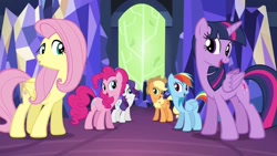 Size: 1280x720 | Tagged: safe, derpibooru import, screencap, applejack, fluttershy, pinkie pie, rainbow dash, rarity, twilight sparkle, twilight sparkle (alicorn), alicorn, earth pony, pegasus, pony, unicorn, twilight's kingdom, let the rainbow remind you, mane six