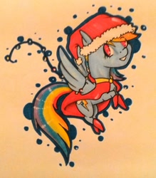 Size: 1024x1171 | Tagged: safe, artist:oneiria-fylakas, derpibooru import, rainbow dash, pegasus, pony, chibi, christmas, hat, santa hat, solo, traditional art