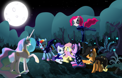Size: 6000x3810 | Tagged: safe, artist:magister39, derpibooru import, applejack, fluttershy, pinkie pie, princess celestia, rainbow dash, rarity, twilight sparkle, bat pony, pony, absurd resolution, alternate timeline, alternate universe, angry, armor, blind, cape, clothes, crying, evil grin, fangs, freckles, full moon, grin, hat, mane six, night guard dash, night maid rarity, night sky, nightmare takeover timeline, nightmareverse, open mouth, pointing, race swap, raised hoof, scenery, sitting, smiling, spread wings, stars, torn clothes, tree, twibat