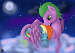 Size: 1063x751 | Tagged: safe, artist:jayesixx, rainbow dash, spike, pegasus, pony, cute, female, male, ponified spike, rainbowspike, romance, shipping, straight