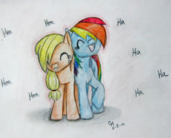 Size: 2835x2289 | Tagged: safe, artist:babileilei, derpibooru import, applejack, rainbow dash, earth pony, pegasus, pony, appledash, female, lesbian, shipping, traditional art