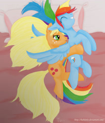 Size: 3065x3600 | Tagged: safe, artist:babileilei, derpibooru import, applejack, rainbow dash, earth pony, pegasus, pony, appledash, female, lesbian, licking, shipping