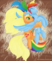 Size: 3042x3592 | Tagged: safe, artist:babileilei, derpibooru import, applejack, rainbow dash, earth pony, pegasus, pony, appledash, eyes closed, female, grin, hay, lesbian, licking, shipping, smiling