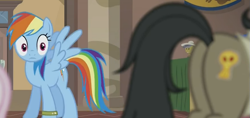 Size: 793x375 | Tagged: safe, derpibooru import, screencap, rainbow dash, pegasus, pony, stranger than fan fiction, background pony, eyes on the prize, fake cutie mark, female, mare, out of context, plot, spread wings, wingboner