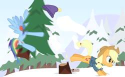 Size: 1170x720 | Tagged: safe, artist:dm29, derpibooru import, applejack, rainbow dash, earth pony, pegasus, pony, bucking, christmas tree, duo, pine tree, snow, tree, wintertime