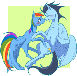 Size: 570x568 | Tagged: safe, artist:pasikon, rainbow dash, soarin', pegasus, pony, blushing, boop, cute, eyes closed, female, flying, hug, male, noseboop, old cutie mark, open mouth, pixiv, shipping, smiling, soarindash, spread wings, straight