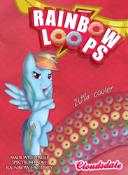Size: 650x890 | Tagged: safe, artist:wave-realm, rainbow dash, pegasus, pony, advertisement, cereal, food, parody, solo