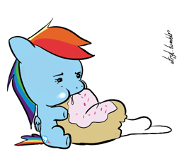 Size: 594x517 | Tagged: safe, artist:atryl, edit, rainbow dash, pegasus, pony, cute, dashabetes, donut, filly, filly rainbow dash, foal, frosting, messy eating, nom, solo