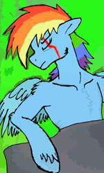 Size: 385x640 | Tagged: safe, rainbow dash, pegasus, pony, semi-anthro, chest fluff, grass, scar, sleeping, solo