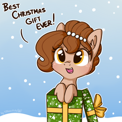 Size: 1472x1472 | Tagged: safe, artist:dsp2003, artist:tjpones, oc, oc only, oc:brownie bun, earth pony, pony, collaboration, 2017, blushing, box, cheek fluff, christmas, colored, comic, cute, dialogue, ear fluff, female, holiday, mare, ocbetes, open mouth, pony in a box, single panel, smiling, snow, snowfall, solo