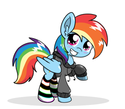 Size: 2320x2016 | Tagged: safe, artist:amberlea-draws, rainbow dash, pegasus, pony, clothes, hoodie, simple background, socks, solo, striped socks, transparent background