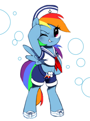 Size: 841x1124 | Tagged: safe, artist:30clock, rainbow dash, pegasus, pony, bipedal, clothes, grin, hat, one eye closed, sailor, smiling, solo, wink