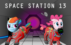 Size: 1058x674 | Tagged: safe, artist:dromg, derpibooru import, pinkie pie, rainbow dash, earth pony, pegasus, pony, black hole, get dat fukken disk, space station 13