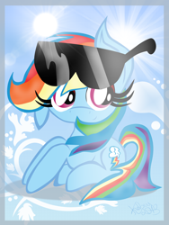 Size: 1944x2592 | Tagged: safe, artist:kelsey139, rainbow dash, pegasus, pony, crepuscular rays, cute, dashabetes, filly, filly rainbow dash, floppy ears, looking at you, prone, smiling, solo, sunglasses