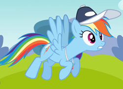 Size: 1280x920 | Tagged: safe, derpibooru import, screencap, rainbow dash, pegasus, pony, hurricane fluttershy, baseball cap, cap, cropped, female, flying, hat, mare, solo, whistle