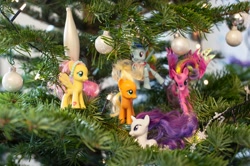Size: 2048x1357 | Tagged: safe, derpibooru import, applejack, fluttershy, rainbow dash, rarity, brushable, christmas, christmas tree, irl, official, photo, toy, tree