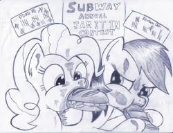 Size: 1658x1276 | Tagged: safe, artist:kittyhawk-contrail, derpibooru import, pinkie pie, rainbow dash, earth pony, pegasus, pony, contest, eating, eating contest, erotic eating, food, grayscale, jam it in, messy, monochrome, product placement, subway