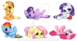 Size: 600x320 | Tagged: safe, artist:catmag, derpibooru import, angel bunny, applejack, fluttershy, pinkie pie, rainbow dash, rarity, twilight sparkle, twilight sparkle (alicorn), alicorn, earth pony, pegasus, pony, unicorn, blushing, chibi, deviantart watermark, ear blush, fire ruby, lying down, mane six, obtrusive watermark, on back, simple background, transparent background, watermark