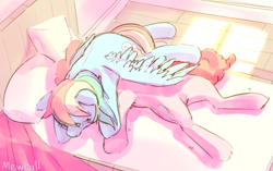 Size: 954x600 | Tagged: safe, artist:mewball, derpibooru import, pinkie pie, rainbow dash, earth pony, pegasus, pony, bed, female, lesbian, pinkiedash, pony pile, shipping, sleeping