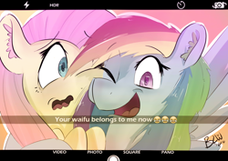 Size: 900x637 | Tagged: safe, artist:bow2yourwaifu, derpibooru import, fluttershy, rainbow dash, pegasus, pony, emoji, female, flutterdash, hug, lesbian, one eye closed, sad, selfie, shipping, shy, smiling, snapchat, waifu, waifu thief, wink, 😂