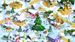 Size: 610x343 | Tagged: safe, derpibooru import, fluttershy, pinkie pie, pipsqueak, rainbow dash, rarity, rivet, twilight sparkle, earth pony, pegasus, pony, unicorn, christmas tree, game screencap, gameloft, ponyville, snow, tree, windmill, winter, zecora's hut