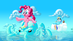 Size: 1920x1080 | Tagged: safe, artist:mick-o-maikeru, derpibooru import, pinkie pie, rainbow dash, earth pony, octopus, pegasus, pony, animal, ocean, palm tree, riding, water