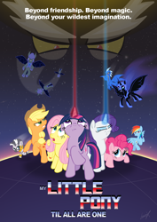 Size: 1240x1750 | Tagged: safe, artist:loomx, derpibooru import, applejack, discord, fluttershy, nightmare moon, pinkie pie, rainbow dash, rarity, twilight sparkle, zecora, bat pony, earth pony, pony, zebra, mane six, movie poster, parody, the transformers: the movie, transformers